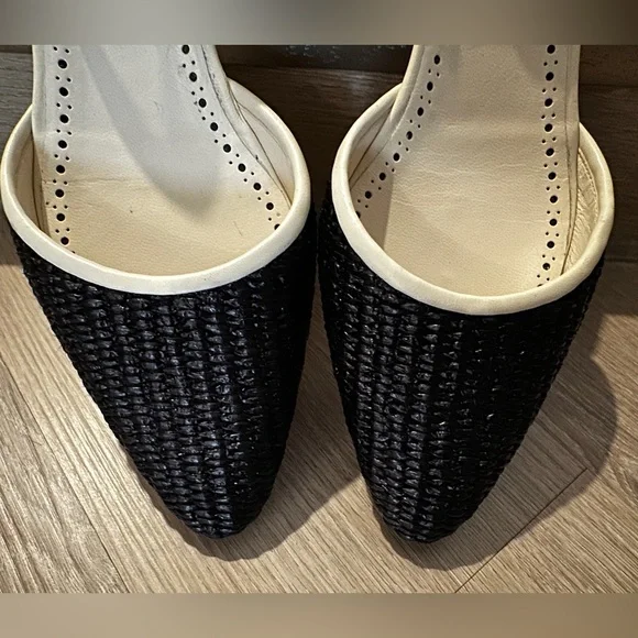 New Manolo Blahnik Raffro Woven Raffia Ballerina Pumps White/Black Size 38.5 - Picture 5 of 10